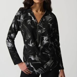 Joseph Ribkoff Abstract Black and Silver Patterned Zip Top Sz. 10
